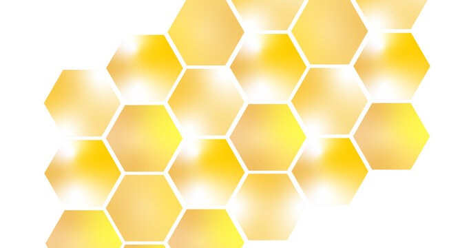 Abstract golden honeycomb hexagon background pattern on white backdrop glowing geometric banner design element