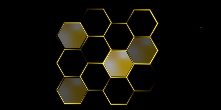Abstract golden honeycomb hexagon cluster on black background glowing luxury geometric grid element