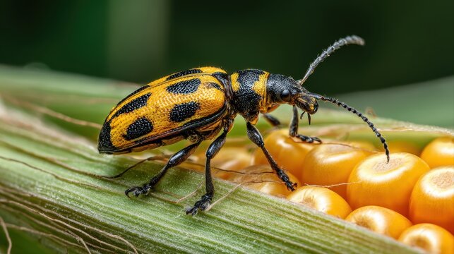 Southern Corn Rootworm beetle eating kernels on ear of corn. Agriculture pest control, insect damage and farming insecticide concept.