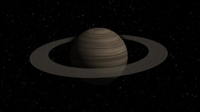 Realistic animation of Saturn with its prominent rings rotating in dark outer space with stars, suitable for astronomy, science and planetary visuals