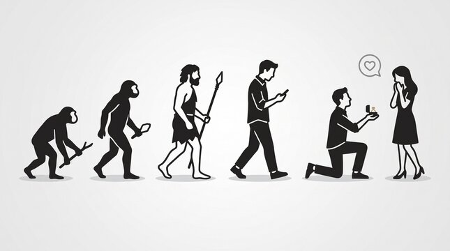 A humorous depiction of human evolution from primitive ape to modern man proposing marriage, highlighting societal and technological changes.