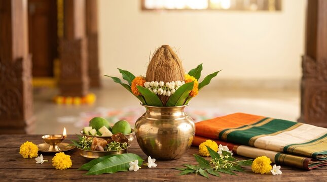 Traditional ugadi festival arrangement with a coconut placed on a brass kalash, marigold flowers, mango leaves, and a folded silk saree on a wooden table
