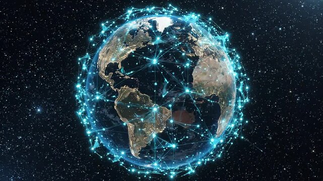 glowing digital network connecting earth in outer space abstract visualization of global data transfer and communication technology with glowing lines and points across continents and stars.