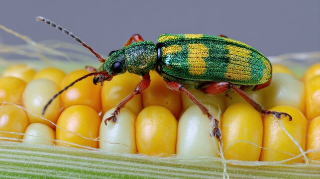 Southern Corn Rootworm beetle eating kernels on ear of corn. Agriculture pest control, insect damage and farming insecticide concept.