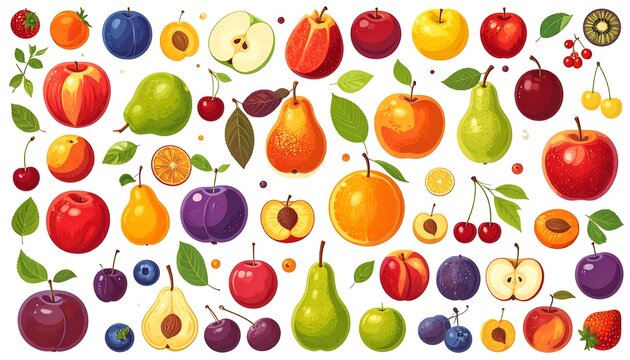 Colorful abstract pattern with fruit and flowers.