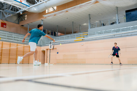 Badminton tournament match in an indoor sports hall
