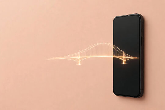 Digital bridge projecting from black smartphone screen on pastel pink background representing online connection technology