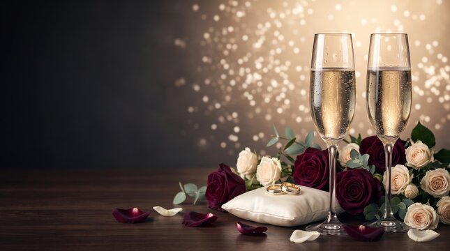 Two crystal champagne flutes filled with sparkling wine, positioned next to a small white ring pillow with gold wedding bands, dark red and cream roses, and scattered petals on a wooden surface