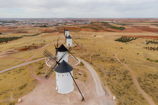 Windmills of Alcazar de San Juan in La Mancha landscape