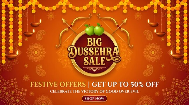 Big dussehra sale banner with traditional festive decorations, golden bows, arrows, and oil lamps on an orange background