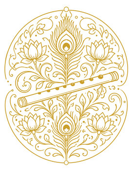 Flute and Peacock Feather Mandala Coloring Page with Lotus Floral Line Art