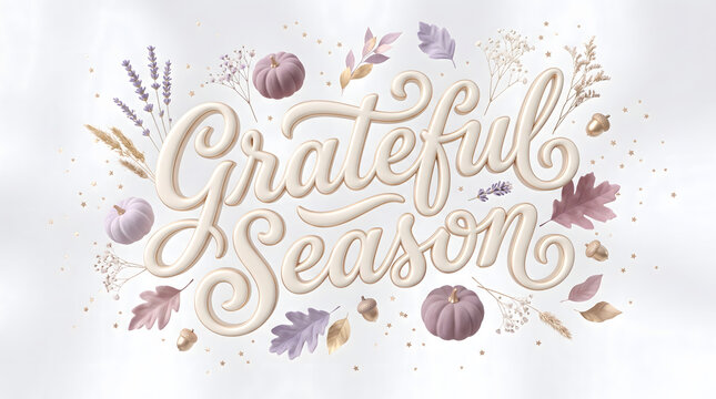 Beautiful hand lettered quote expressing gratitude for the season of autumn with falling leaves and pumpkins on a delicate white backdrop for fall festivities.