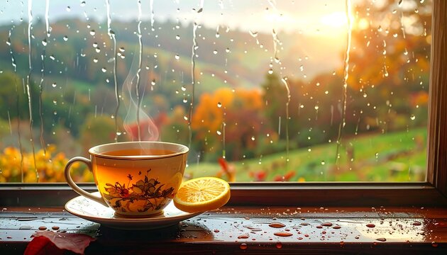 Steaming cup of tea with lemon on windowsill overlooking rain and autumn foliage
