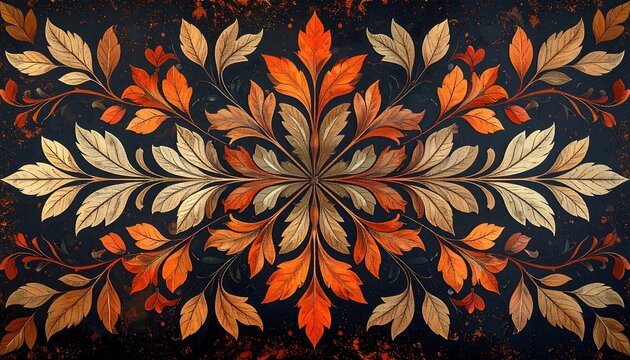 Symmetrical autumn leaves pattern in vintage ornate style on dark background
