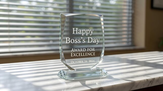 Elegant glass trophy plaque on a marble surface with slatted window shadow lighting, concept for leadership excellence and Boss Day recognition, ideal for corporate appreciation awards and