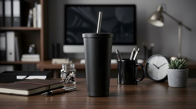 Sleek matte black reusable tumbler with straw on a polished wooden desk surrounded by office stationery and computer monitor, concept for sustainable corporate hydration and modern workplace