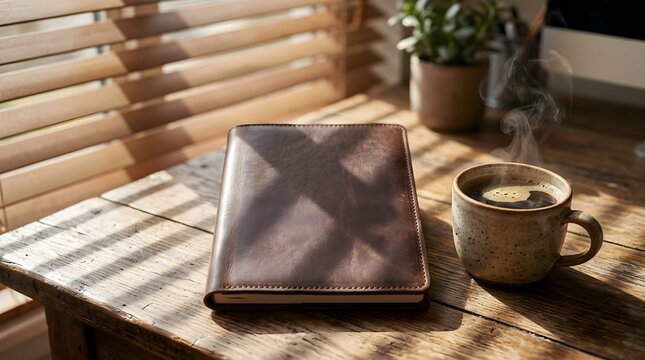 Rustic wooden desk with a leather journal, steaming coffee mug, and slatted window shadow patterns in morning light, representing mindfulness, daily planning, and creative writing, ideal for