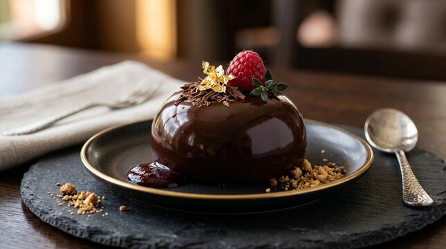 Gourmet Chocolate Mousse Dome Cake with Raspberry and Gold Leaf