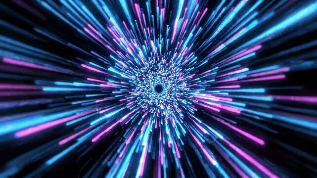 Abstract neon light tunnel with pink and blue streaks, moving forward fast through futuristic space, digital art, high speed motion effect.