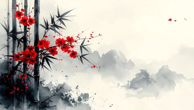 Traditional Chinese Ink Painting of Red Plum Blossom and Bamboo Forest
