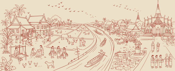 Obraz premium Traditional Thai riverside town scene featuring a winding road, canal, local houses, temple architecture, boats and community life in a decorative folk storytelling illustration.