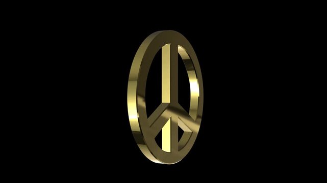 Golden peace symbol rotating in a seamless loop with alpha channel, suitable for harmony, pacifism, unity, freedom and social concepts