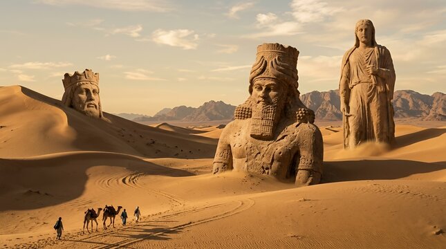 Breathtaking landscape of ancient colossal stone statues half buried in expansive sandy desert dunes under a golden sunset sky with a small caravan of travelers and camels.