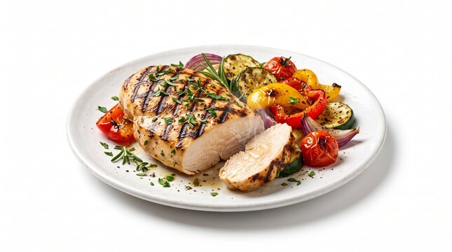 Juicy grilled chicken breast served with colorful roasted vegetables on a white plate