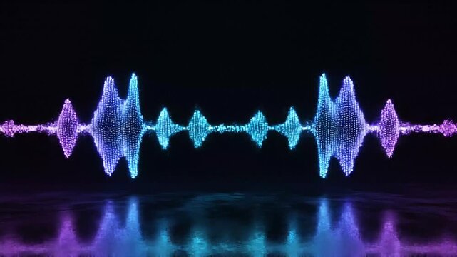 Dynamic audio equalizer waveform visualization with pulsating neon lights reflecting on wet surface, electronic music beat visualization, futuristic digital sound display.