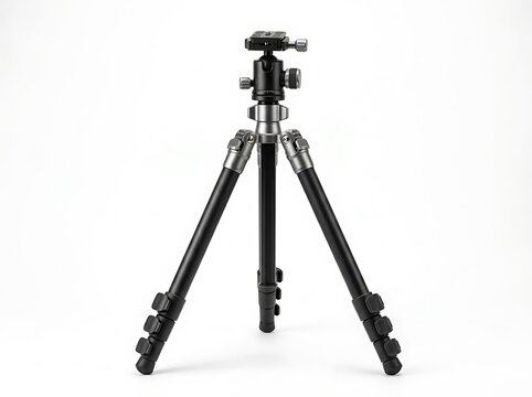 Black camera tripod with ball head isolated on white background