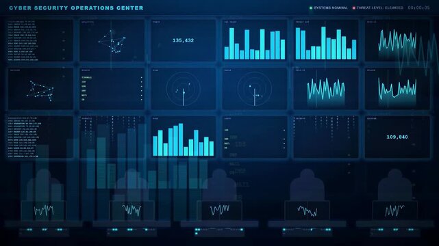 Futuristic Cyber Security Operations Center Interface with Digital Data Visualization and Network Monitoring Screens