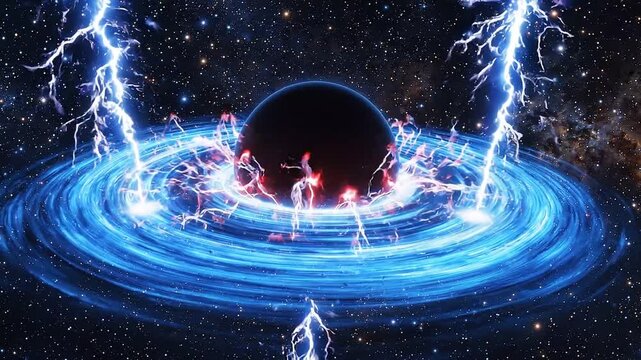 Supermassive black hole in deep space with glowing accretion disk and powerful lightning strikes radiating outward against a backdrop of distant stars.