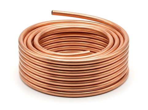 Coiled brown electrical cable on spool isolated on white background