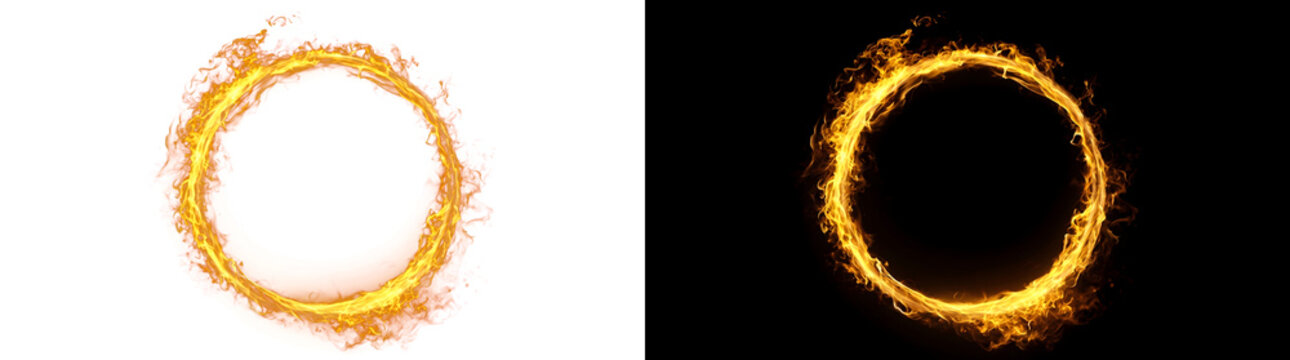 Fire ring blazing in golden flames forms a bright circular loop for PNG, Transparent and Black Background Versions design use