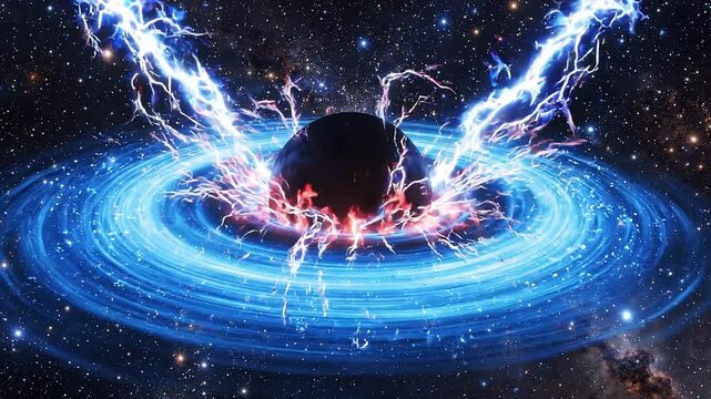 Abstract black hole vortex with glowing accretion disk and bright blue energy streams in deep space starfield, dynamic cosmic visualization.