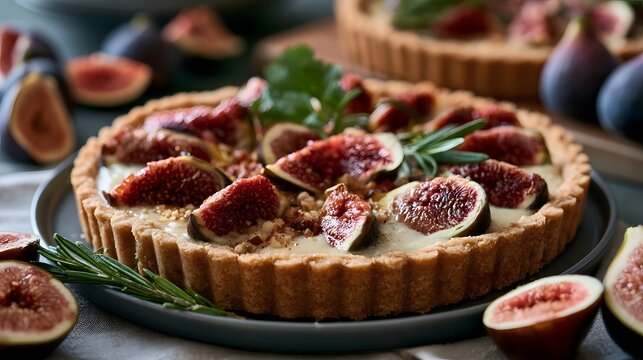 A beautifully arranged fig tart with fresh fig slices  herbs  and a golden crust  presented on a dark plate with additional figs around