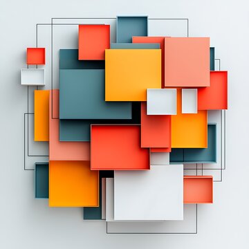 Abstract Geometric Composition: A vibrant arrangement of overlapping squares and rectangles in bold colors, forming an abstract modern design that evokes creativity and dynamic energy.
