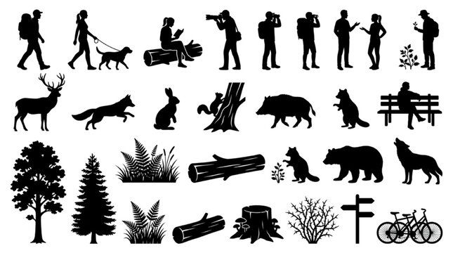 Outdoor forest landscape, hiking people, wildlife animals, and nature CAD silhouettes for elevation renderings