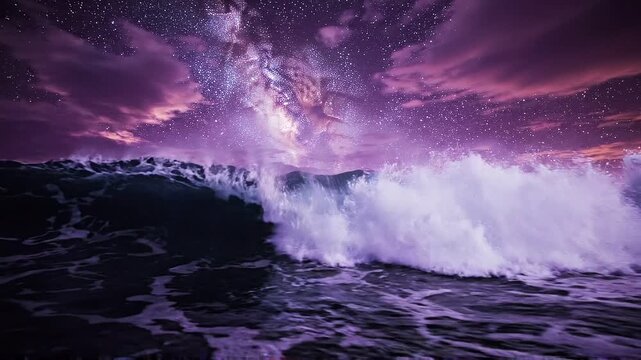 Ocean wave crashes under vibrant starry night sky with milky way galaxy illuminating purple clouds creating cosmic natural wonder and ethereal beauty in slow motion.
