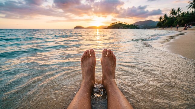 Feet relaxing in the ocean water at sunset on a tropical beach with a beautiful sky.