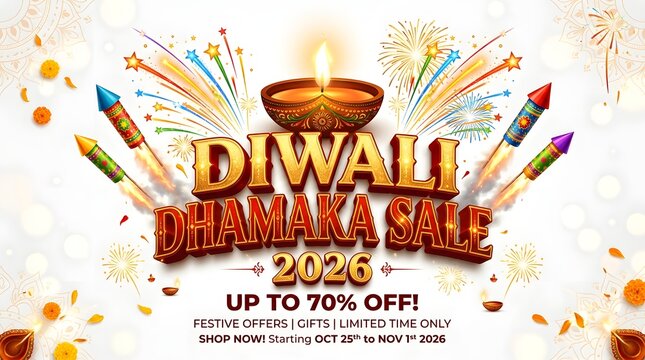 Diwali dhamaka sale 2026 promotional banner with firecrackers, oil lamps, and festive decorations isolated on white background