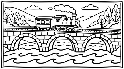 Fototapeta premium Steam Train Crossing Stone Arch Bridge Over River Coloring Page