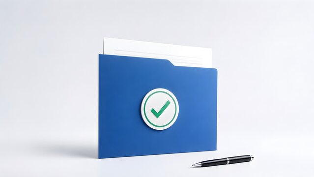 Blue document folder with a green checkmark badge and black pen symbolizing approved compliance and successful business verification