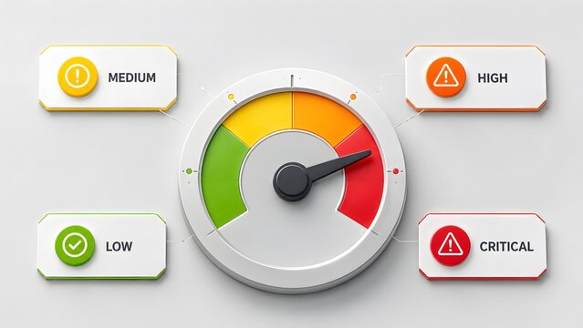 Risk management dashboard concept featuring a gauge dial pointing to the red critical danger zone with safety level indicators