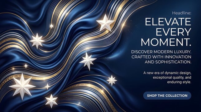Abstract luxury background with flowing dark blue silk waves and glowing golden stars for elegant event design