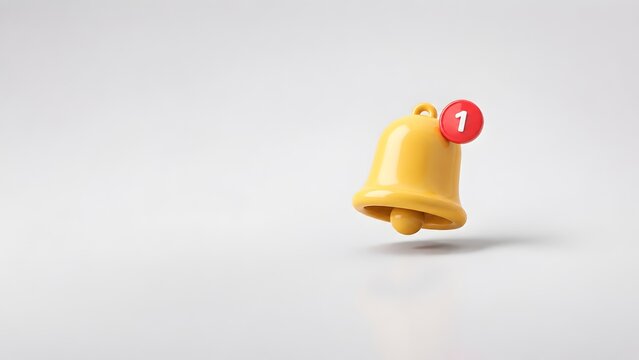3D yellow bell icon with red notification badge representing new message alert, UI design element, and digital update reminder
