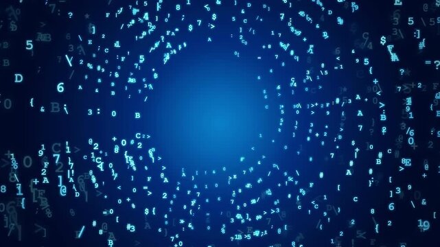 Abstract digital data stream with glowing blue numbers and characters swirling in a cyber space