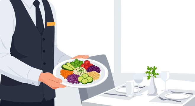 Waiter presents a colorful vegetarian dish with fresh vegetables and grains, ready to serve at a restaurant table.