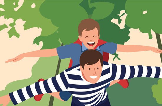 Happy father carrying son on back playing superhero and airplane outdoors in summer park, flat vector illustration