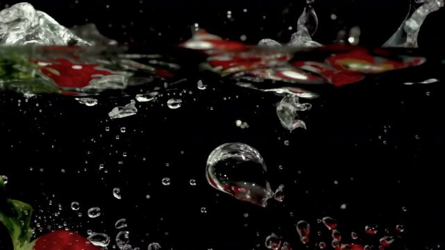 fresh strawberries fruit dropped into water in super slow motion